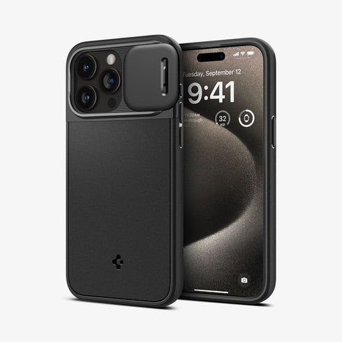 ACS06599 - iPhone 15 Pro Max Case Optik Armor (MagFit) in black showing the back with lens slot open
